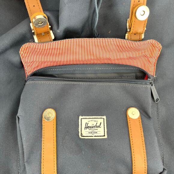 Herschel Navy Canvas Backpack - Red Candy Stripe Lining, Faux Leather Accents - Picture 6 of 7